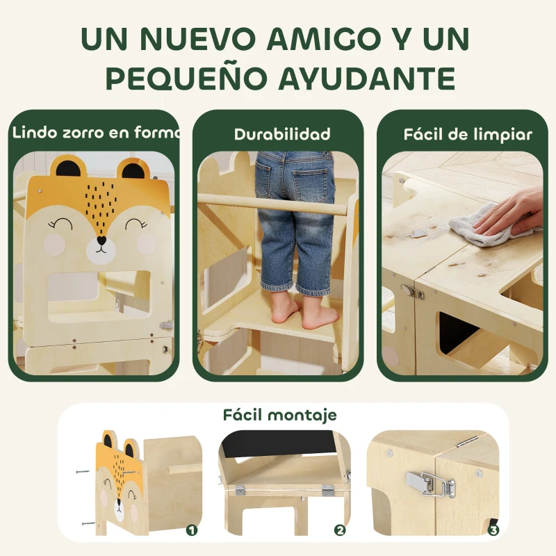 AIYAPLAY Torre de Aprendizaje 3 en 1 Plegable Convertible en Escritorio y Silla con Pizarra Dibujos de Zorros Natural