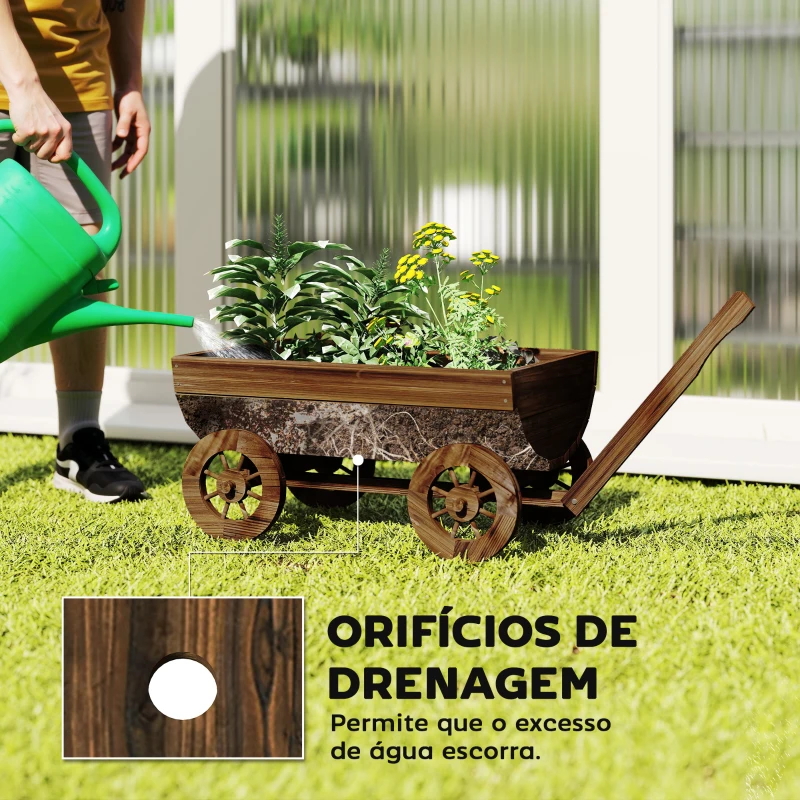 Outsunny Carrinho de Madeira com 4 Rodas e Pega Floreiro Exterior com Furo de Drenagem 115x40x54,5 cm Carbonizado