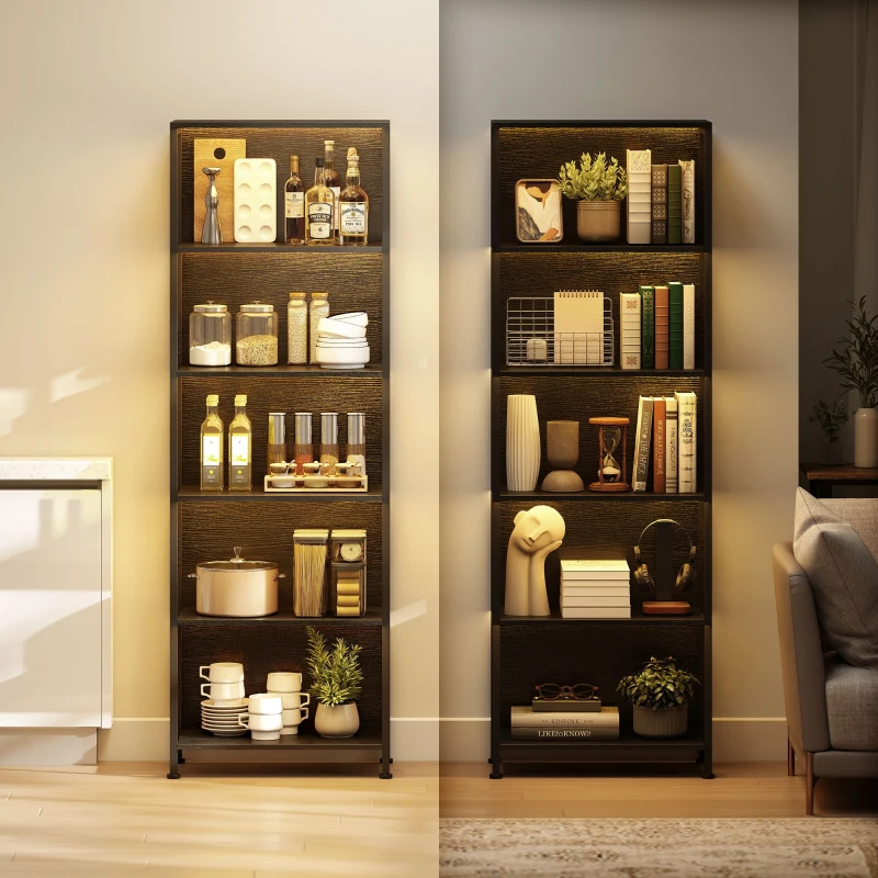 HOMCOM Estante de 5 Níveis com Luzes LED de 7 Cores Estante para Livros Estante de Estilo Industrial 60x30x179 cm Preto