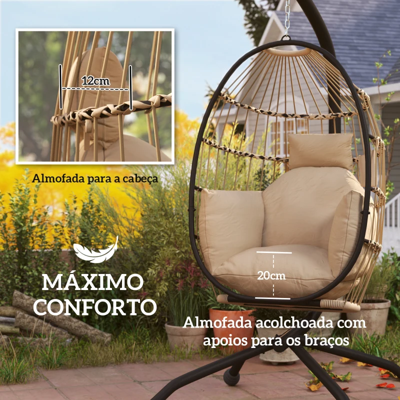 Outsunny Cadeira Suspensa com Suporte Cesta Dobrável Almofada e Encosto para Cabeça Interior e Exterior 120 kg Caqui