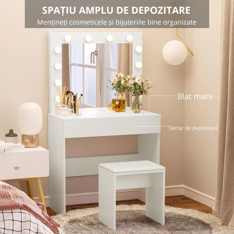 Homcom Masa Machiaj cu Oglindă LED 12 Lumini, Set cu Scaun Tapitat și Sertar Spațios, Mobilier pentru Dormitor, 80x40x140 cm, Alb