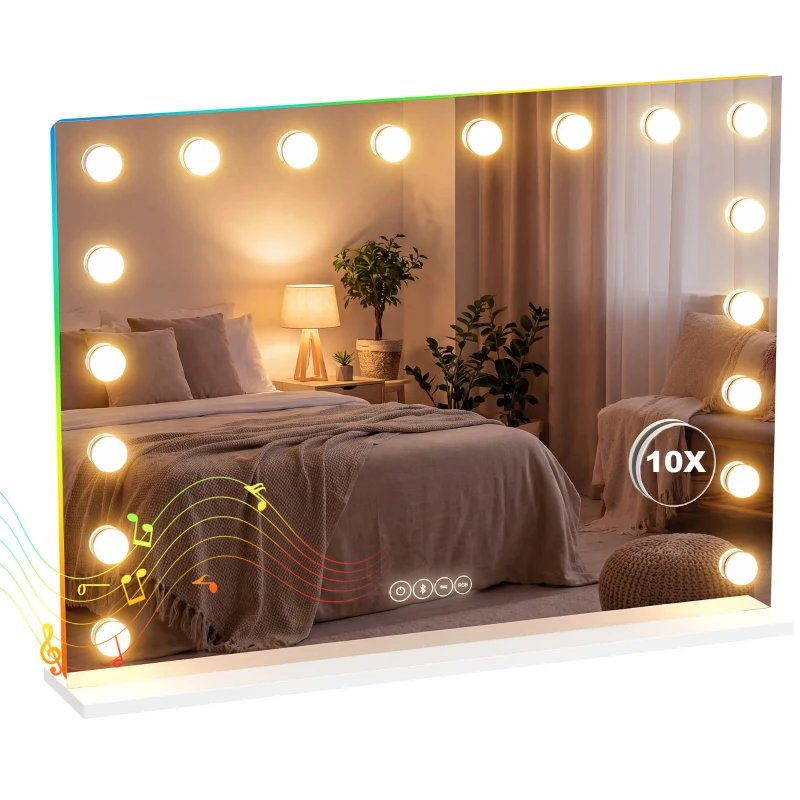 HOMCOM Specchio Hollywood con 18 LED dimmerabili e Bluetooth, Bianco