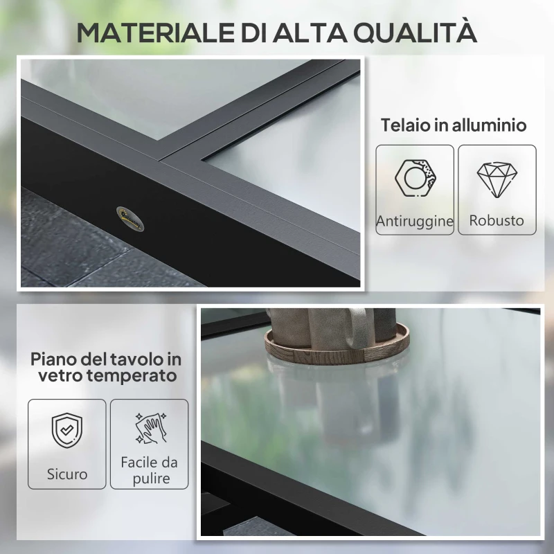 Outsunny Tavolo da Pranzo Allungabile da Giardino con Piano in Vetro e Alluminio, 80-160x80x75 cm, Nero e Trasparente