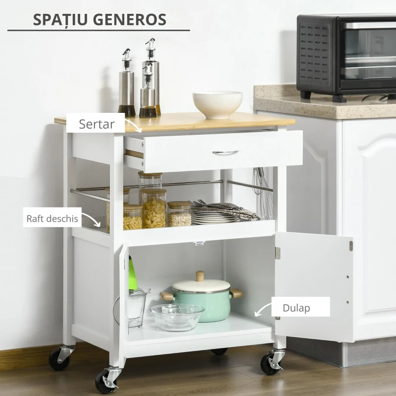 Homcom Carucior Bucatarie Mobil Alb Bambus cu Sertar & Raft