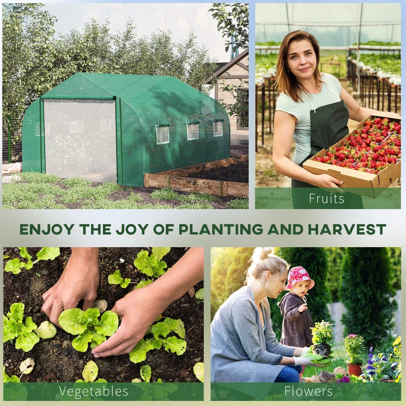 Outsunny Walk-in Polytunnel Garden Greenhouse, Outdoor Mesh Door Greenhouse with PE Cover and 6 Windows, 3.5 x 3 x 2m, Green