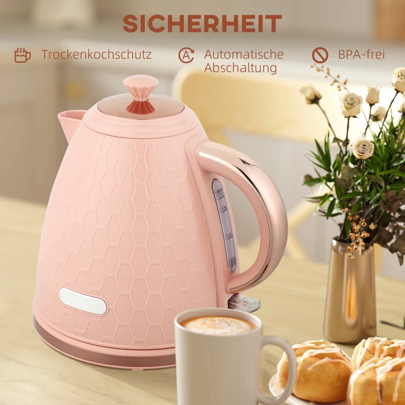 HOMCOM Elektrische Waterkoker, 1,7L, Snelkookfunctie, 2200W, Draadloos, Met Afneembaar Anti-Kalkfilter, Lichtroze