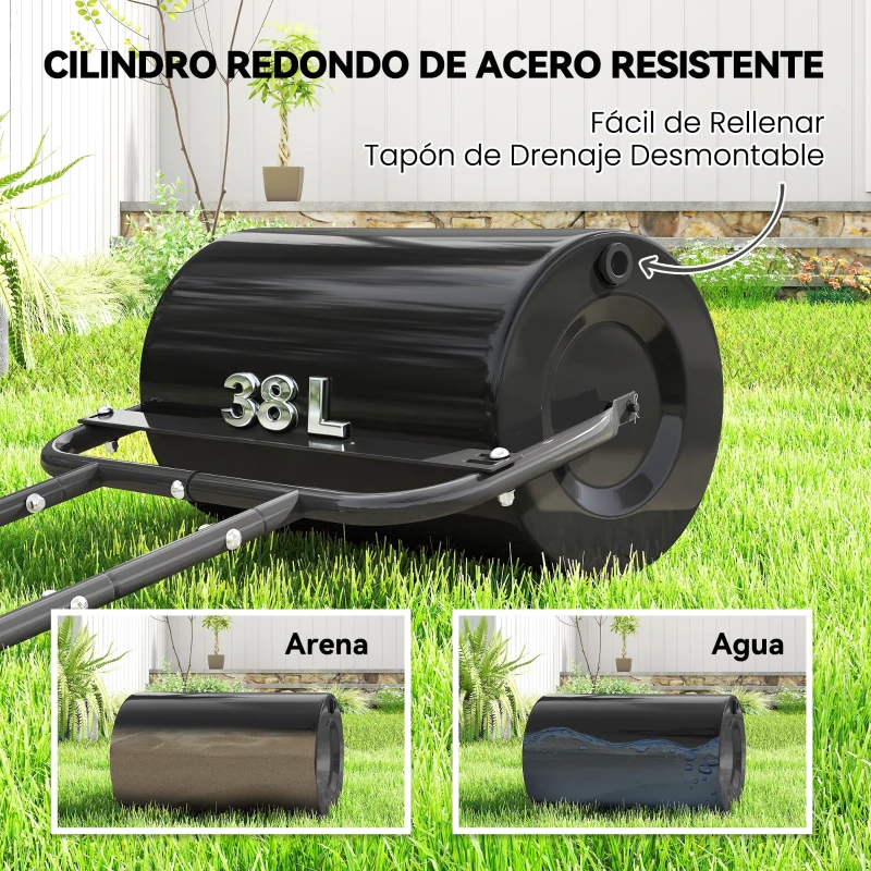 Outsunny Rodillo para Césped de 38L Relleno de Arena o Agua con Mango en U para Jardín Granja Negro