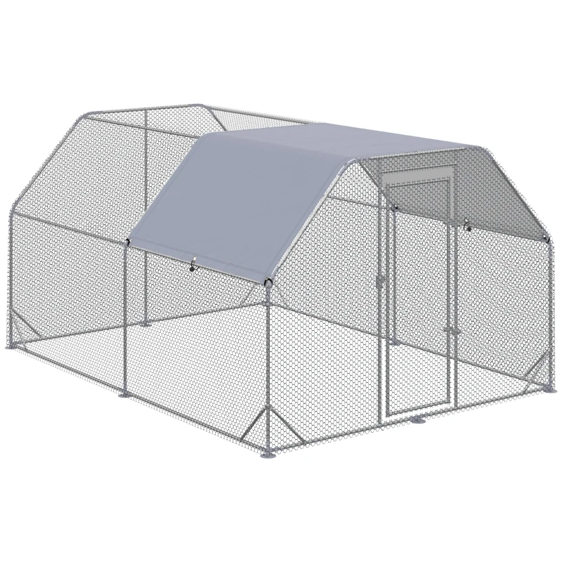 PawHut Galinheiro para Exterior Grande de Aço Galvanizado 280x380x195 cm Gaiola para Galinhas com Cobertura de Tecido Oxford Prata