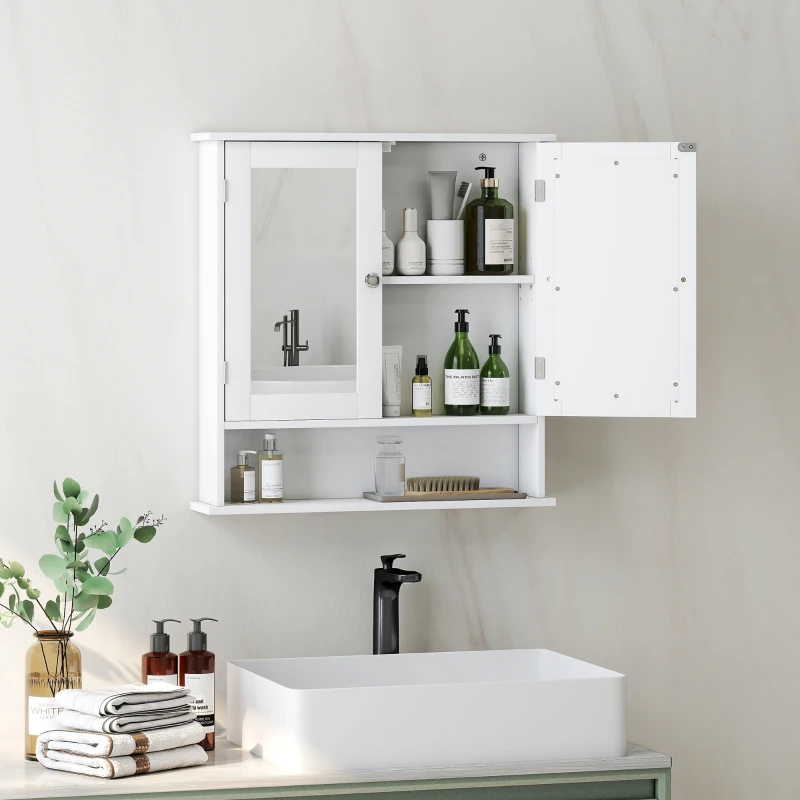 kleankin Armadietto Bagno da Parete con 2 Ante a Specchio e Ripiano Aperto, 56x13x58 cm, Bianco