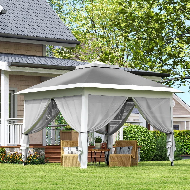 Outsunny Carpa Plegable 3,3x3,3 m Pop-up Altura Ajustable Doble Techo Mosquiteras Extraíbles y Bolsa de Transporte Anti-UV Gris