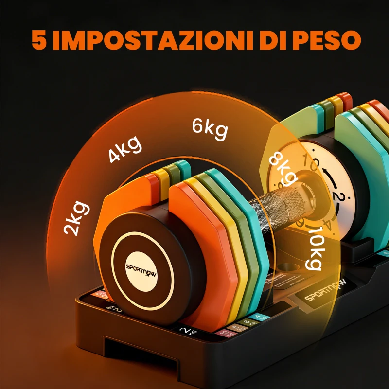 SPORTNOW Set Manubri Pesi Regolabili e Antiscivolo 2-10 kg con Base, in Acciaio, 29.5x13.6x13.6 cm, Multicolore