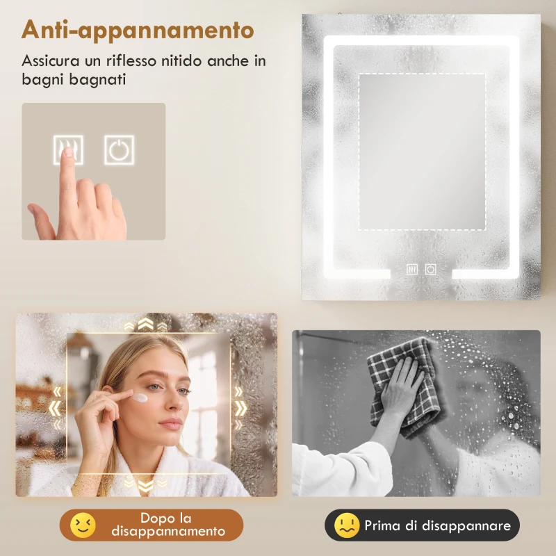 HOMCOM Armadietto Bagno con Specchio, Luce LED Regolabile e Sistema Antiappannamento, 50x15x60 cm, Bianco