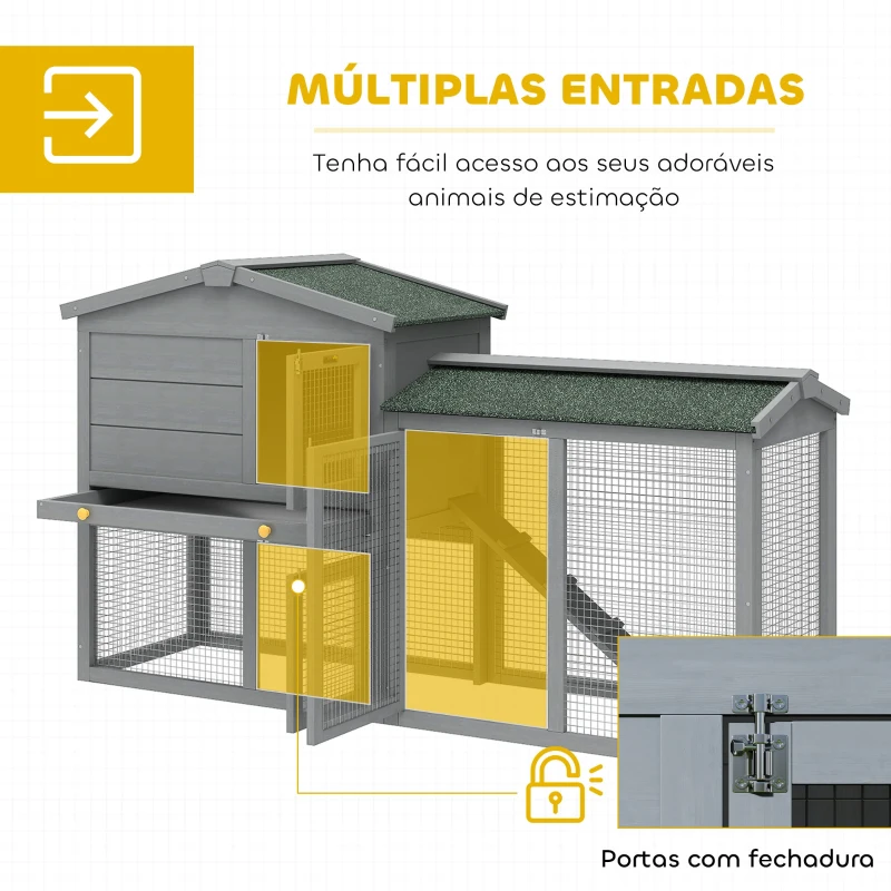 PawHut Coelheira de Madeira de 2 Níveis com Telhado Asfáltico Bandeja Removível e Escada para Exterior 150x45x85 cm Cinzento
