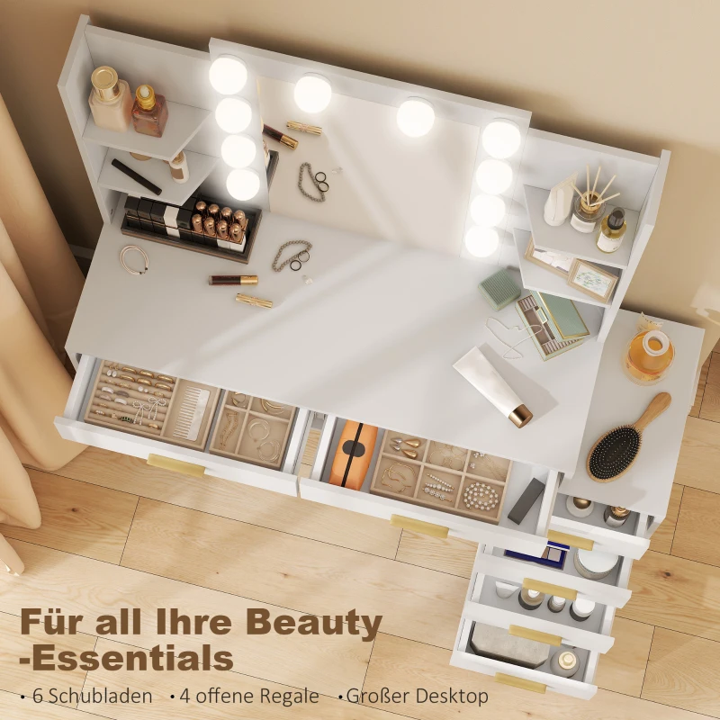 HOMCOM Schminktisch mit beleuchtetem Spiegel und gepolstertem Hocker, Schminkset mit 6 Schubladen und Ablagen, Weiß
