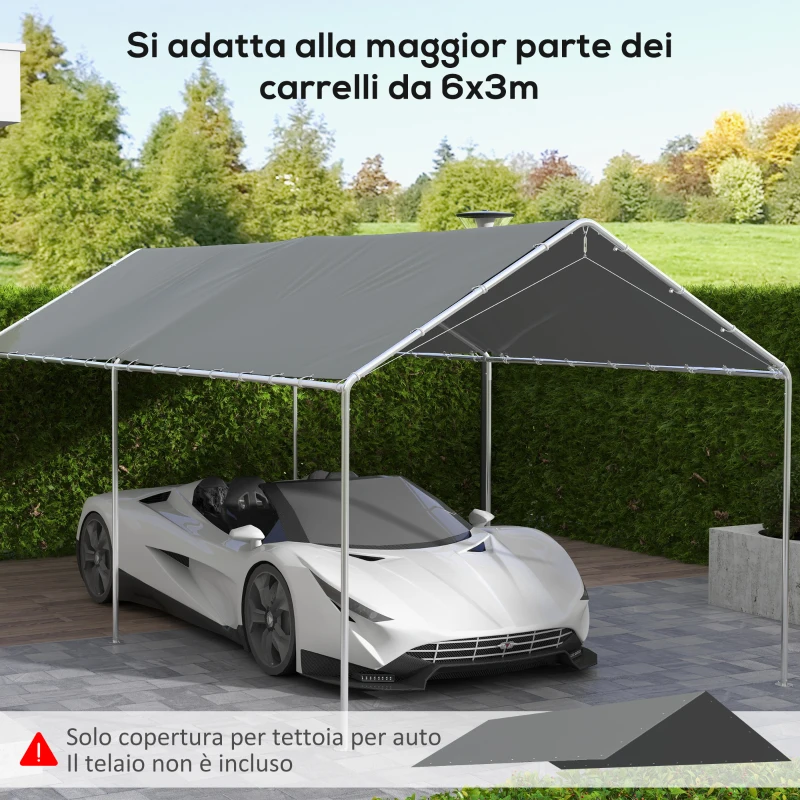 Outsunny Copertura di Ricambio 6x3 m in PE Grigio Scuro Anti-UV per Carport Auto con Corde Elastiche