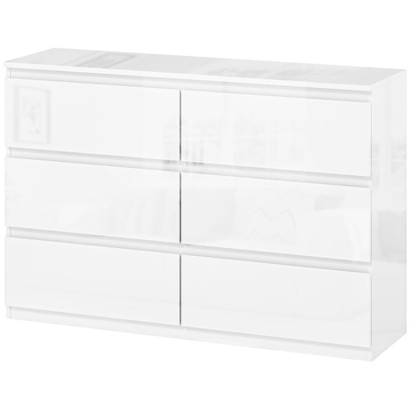 HOMCOM Cómoda com 6 Gavetas de Madeira Cómoda de Dormitório Cómoda Branca Estilo Moderno 112x34x75 cm Branco Brilhante