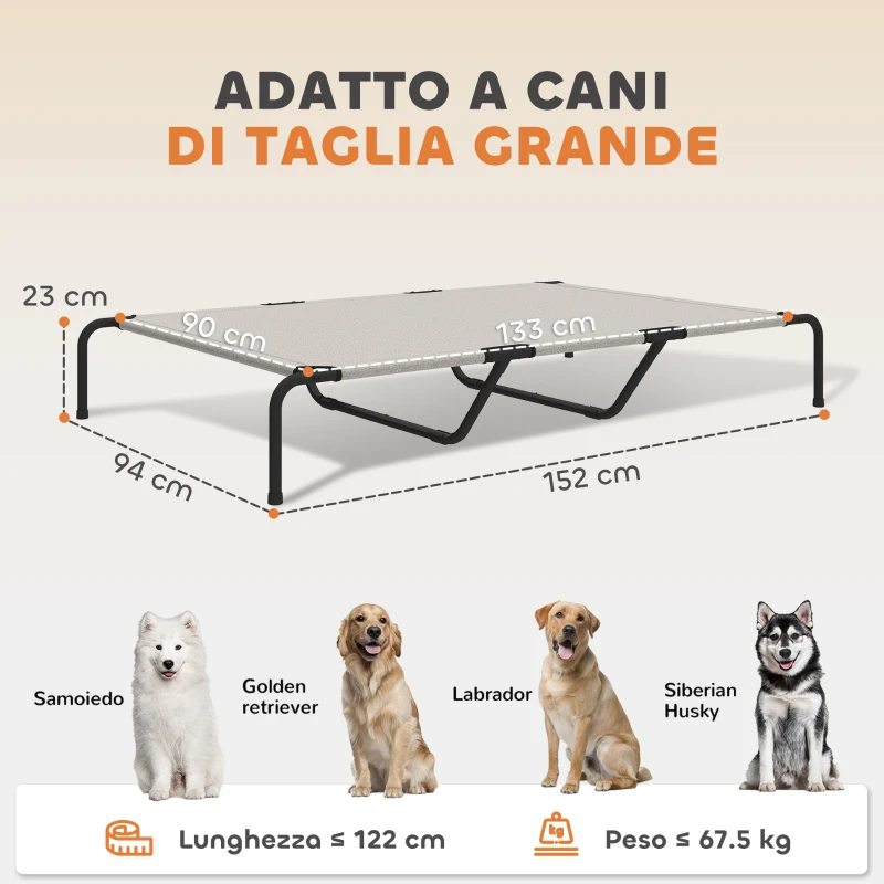 PawHut Lettino per Cani Grandi Rialzato da Esterno in Acciaio e Rete Traspirante, 152x94x23 cm, Beige