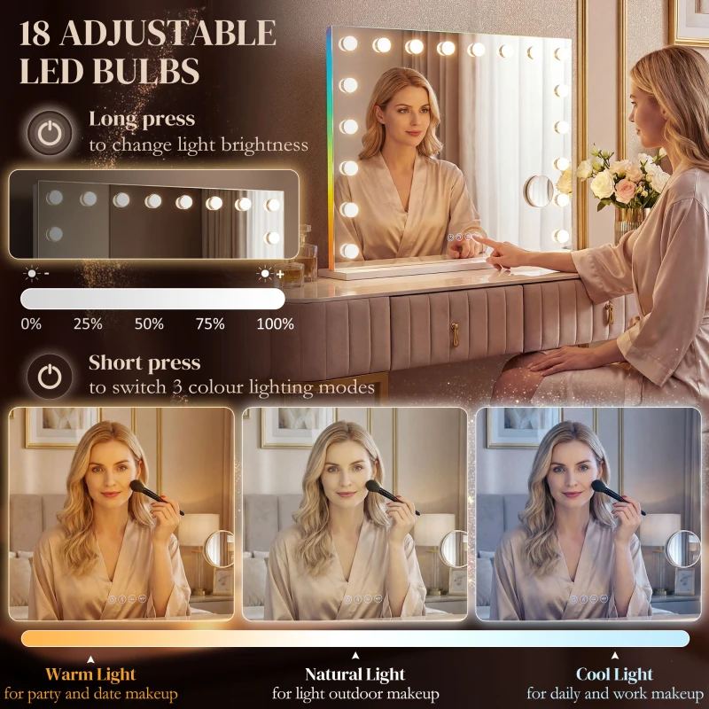 HOMCOM Hollywood Make-up Spiegel met 18 dimbare LED-lampen, 3 kleuren, RGB-verlichting, Bluetooth-luidspreker, 10x Vergroting Wit