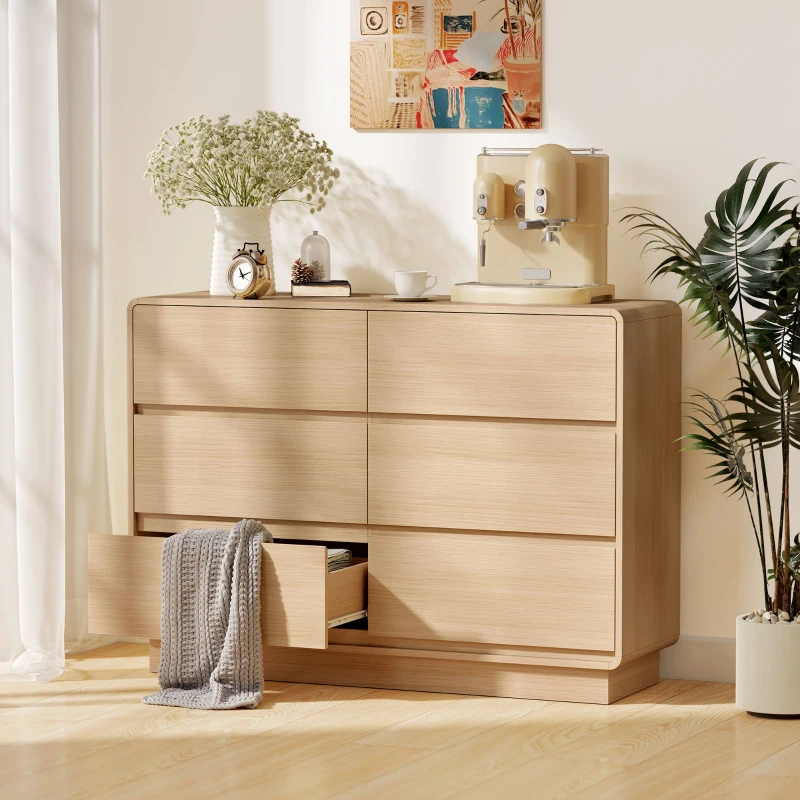 HOMCOM Aparador con 6 Cajones Bordes Redondeados para Salón Cocina Entrada Oficina 120x38x86 cm Natural