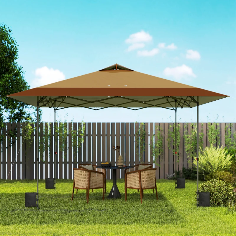 Outsunny Carpa Plegable Pop-up 4x4 m con Bloqueo Central UPF50+ Altura Ajustable Bolsas de Arena y Bolsa con Ruedas Beige y Café