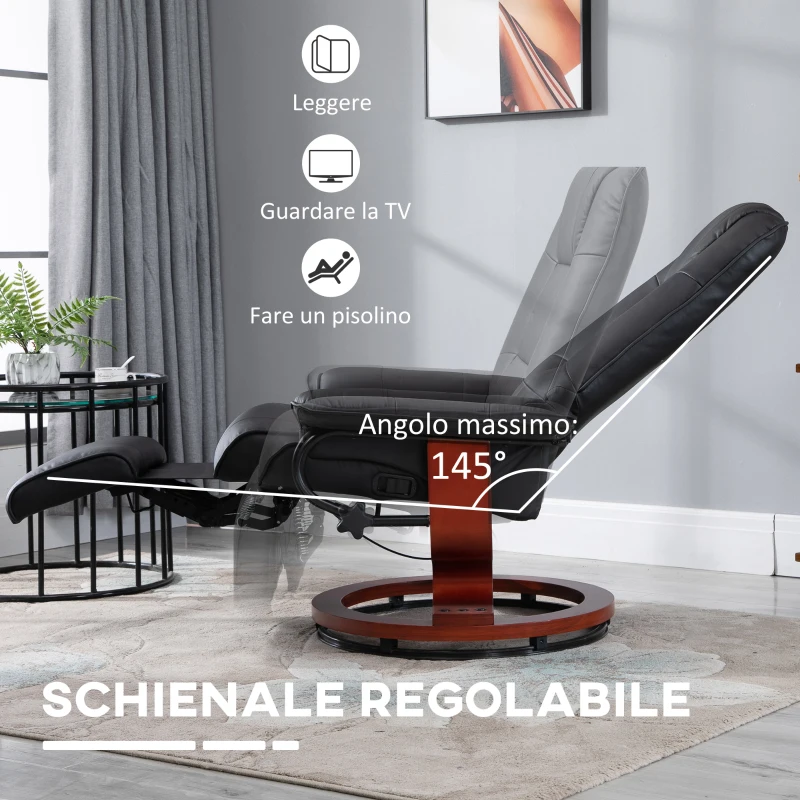 HOMCOM Poltrona Relax Reclinabile Manualmente fino 145° con Poggiapiedi e Rivestimento in Finta Pelle, Nero