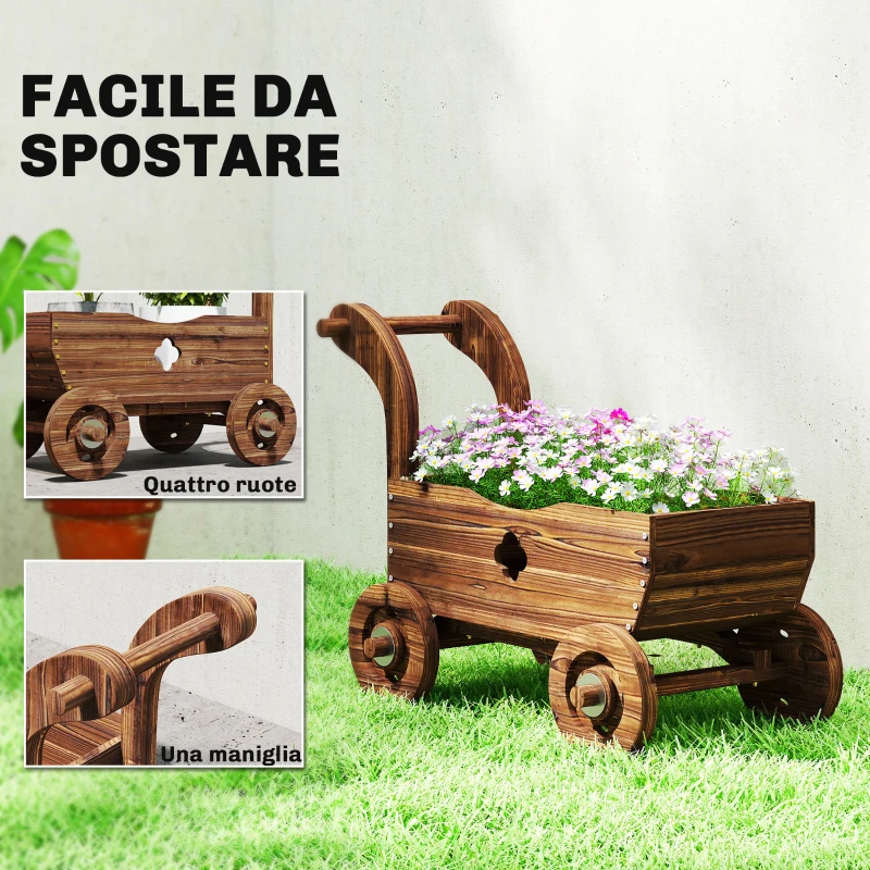 Outsunny Fioriera in Legno a Carretto con 4 Ruote, Maniglia e Fori di Drenaggio, 68x38x52 cm, Legno