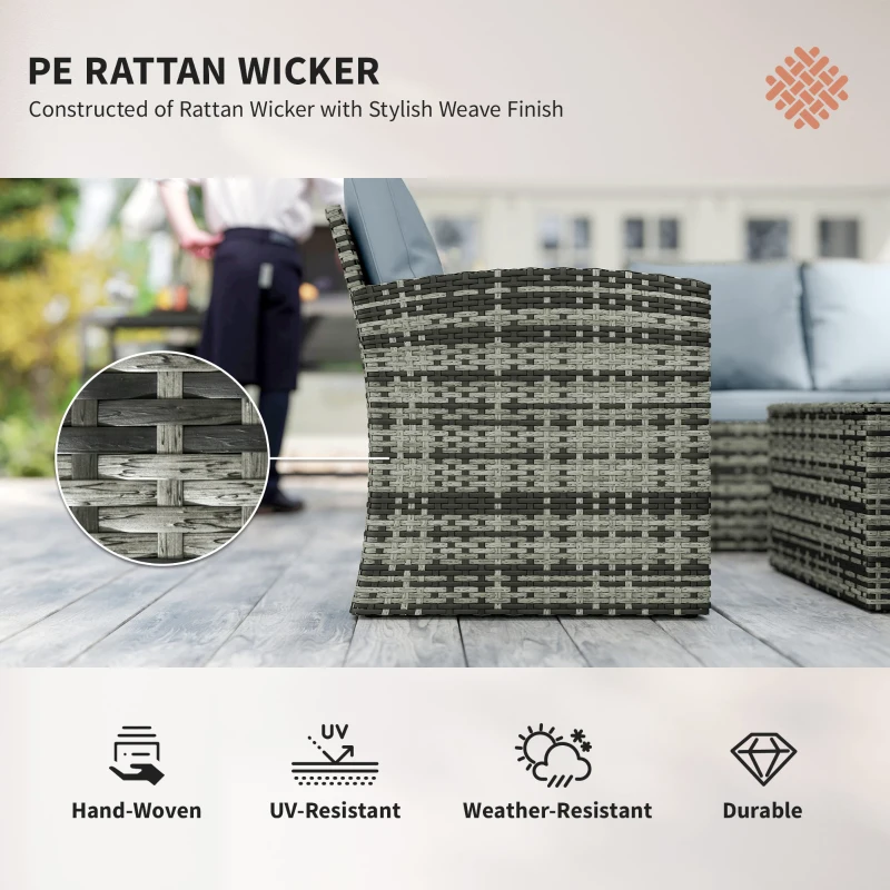 Outsunny 6 Pieces Rattan Garden Furniture Set, 7 Seater Wicker Outdoor Furniture Set with Storage Tea Table & Side Table, Sectional Garden Sofa Set with Cushions, Grey