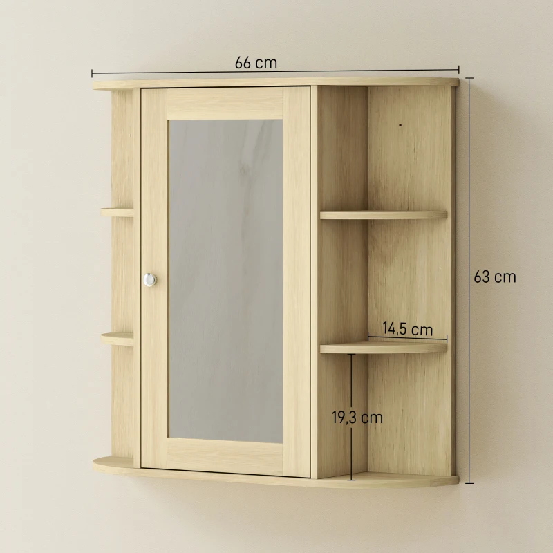 HOMCOM Armoire de salle de bain avec miroir Armoire murale avec étagères ouvertes 66x17x63 cm Naturel