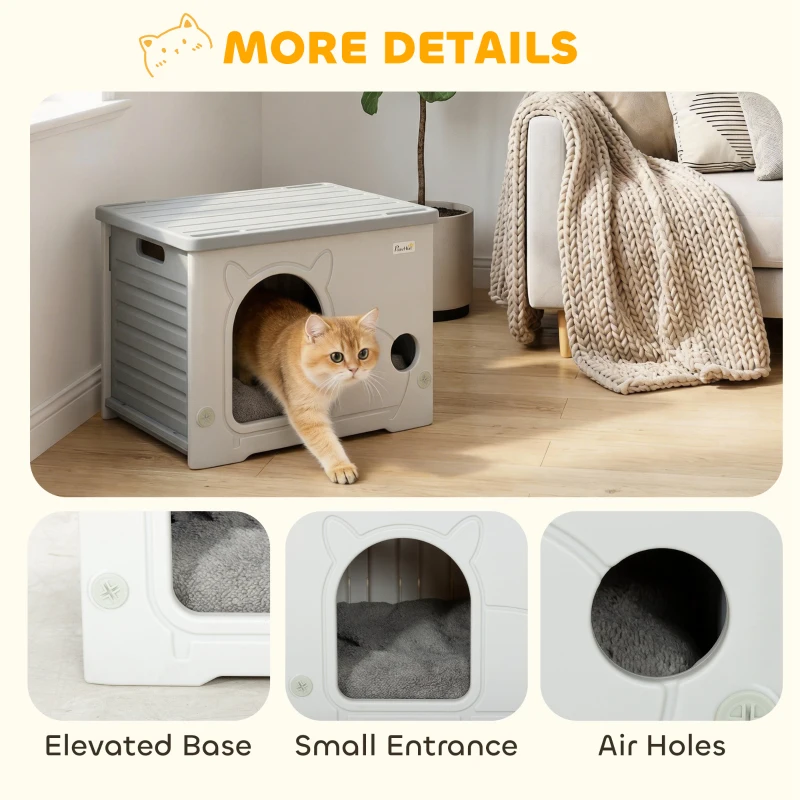 PawHut Cat House Stackable Pet Shelter with Removable Cushion for Indoor Outdoor Use Grey