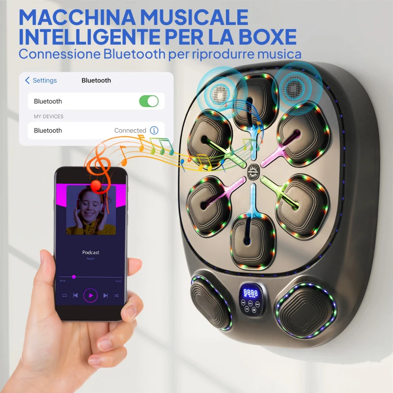 SPORTNOW Macchina da Boxe Musicale a Parete con 9 Modalità, Luci LED e Connessione Bluetooth, 61x48x11 cm, Nero