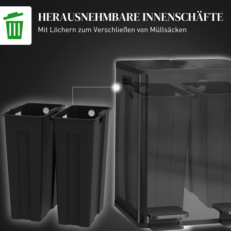 HOMCOM 2 x 20 L Doppelmülleimer, Pedalöffnung, leicht zu reinigen, Edelstahl, Kunststoff, Schwarz