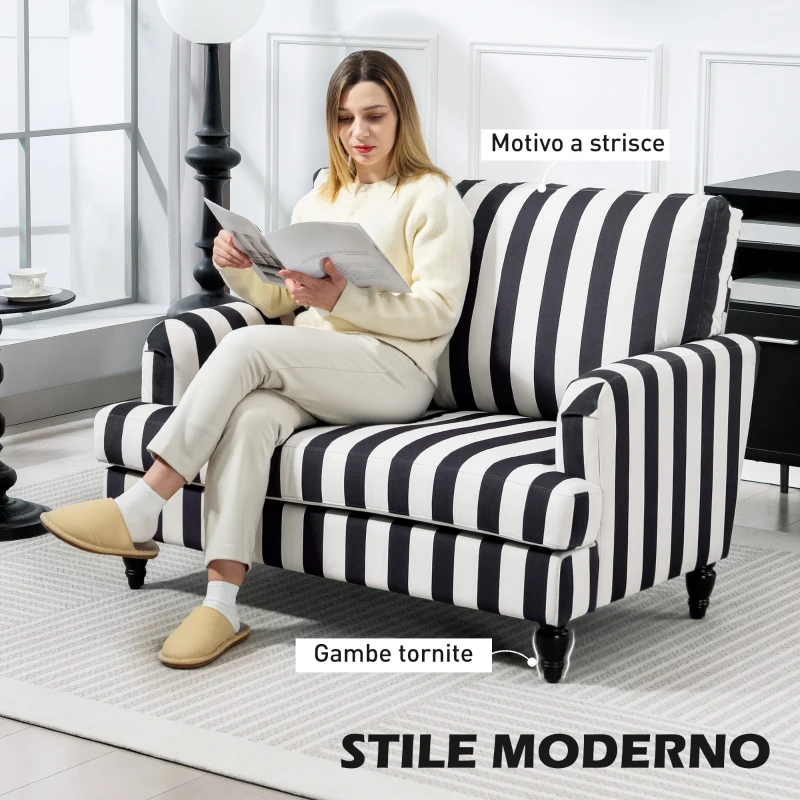 HOMCOM Poltrona da Salotto con Seduta Ampia in Velluto a Righe con Molle a S, 115x82x82 cm, Nero e Bianco
