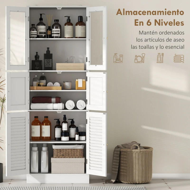 HOMCOM Columna de Baño Estrecha con Puertas de Vidrio Puertas de Lamas Estantes Ajustables 60x30x170 cm Blanco