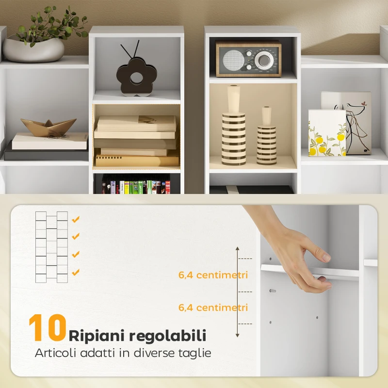 HOMCOM Libreria Moderna in Legno Alta 181 cm con 21 Scomparti e 10 Ripiani Regolabili, Bianco