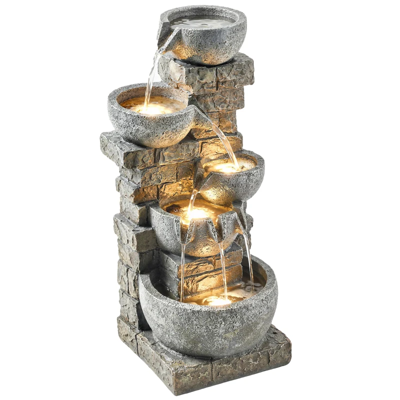 Outsunny Springbrunnen Outdoor aus Kunstharz fünfstöckig Gartenbrunnen mit LED Beleuchtung Pumpe Steinoptik 34 x 36 x 80 cm