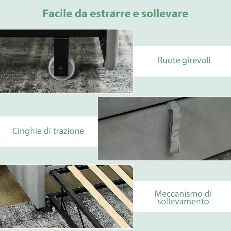 HOMCOM Letto Divano 3 Posti con Lettino Estraibile Convertibile in Letto Matrimoniale,205x186x75 cm, Grigio Chiaro