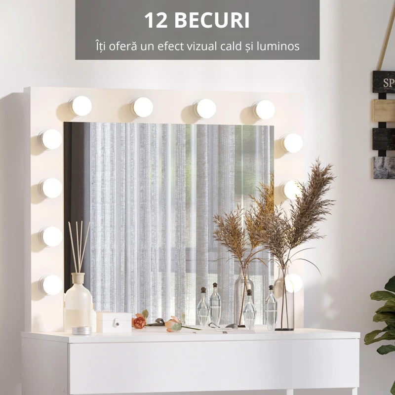Homcom Masa Machiaj cu Oglindă LED 12 Lumini, Set cu Scaun Tapitat și Sertar Spațios, Mobilier pentru Dormitor, 80x40x140 cm, Alb