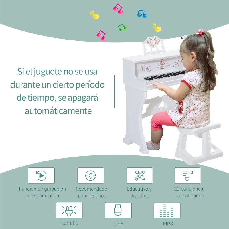 HOMCOM Piano Electrónico Infantil de 37 Teclas Juego de Piano con Modelo Pedagógico Micrófono Taburete Luces y 22 Canciones USB/MP3/Bluetooth Karaoke 53,5x27x63 cm Blanco
