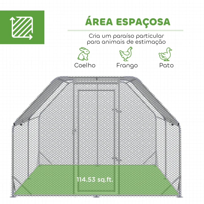 PawHut Galinheiro para Exterior Grande de Aço Galvanizado 280x380x195 cm Gaiola para Galinhas com Cobertura de Tecido Oxford Prata