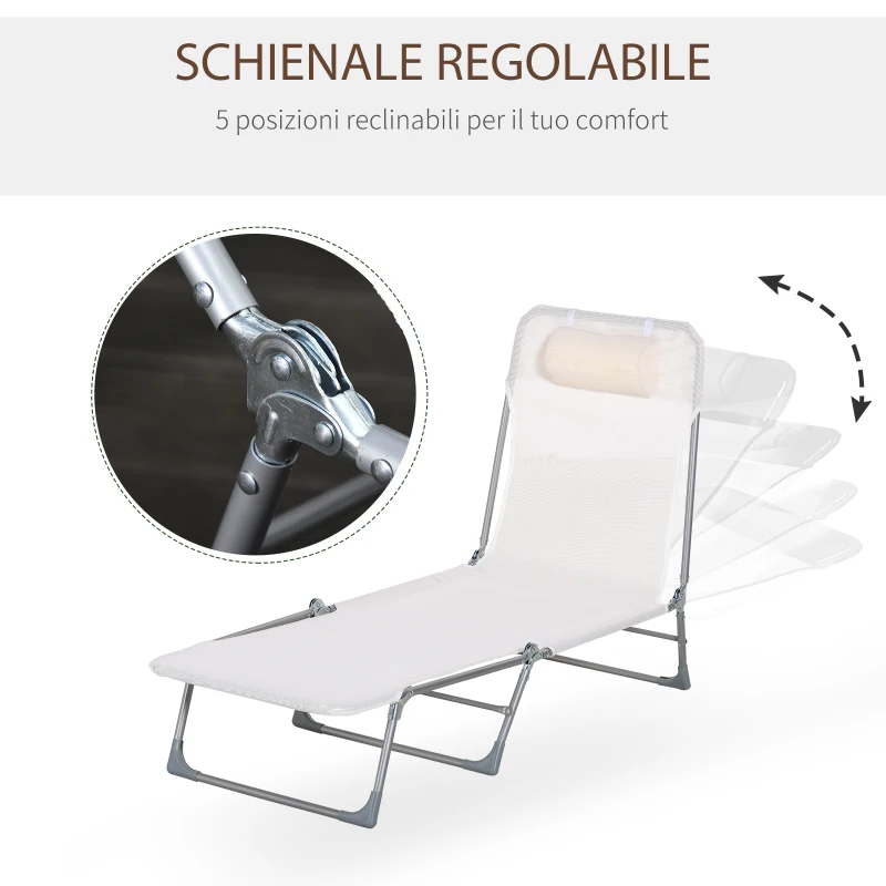 Outsunny Sdraio da Giardino Pieghevole con Schienale Reclinabile  e Cuscino, in Metallo e Texteline, 182x56x28 cm, Crema