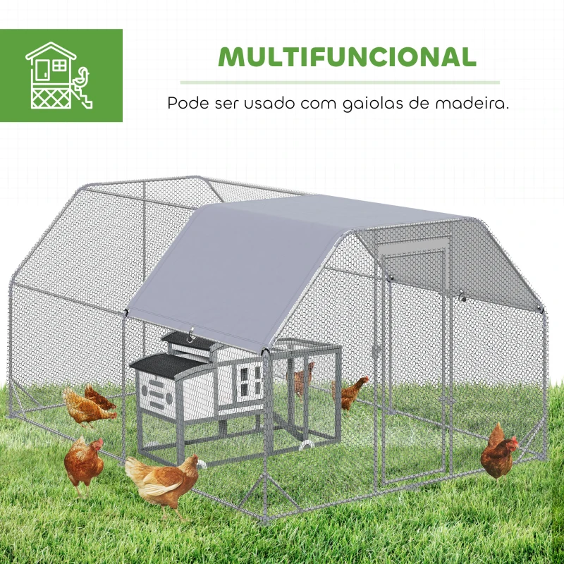 PawHut Galinheiro para Exterior Grande de Aço Galvanizado 280x380x195 cm Gaiola para Galinhas com Cobertura de Tecido Oxford Prata