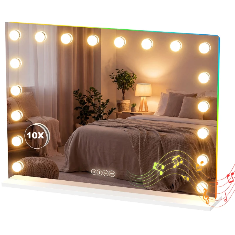 HOMCOM Specchio Hollywood con 18 LED dimmerabili e Bluetooth, Bianco