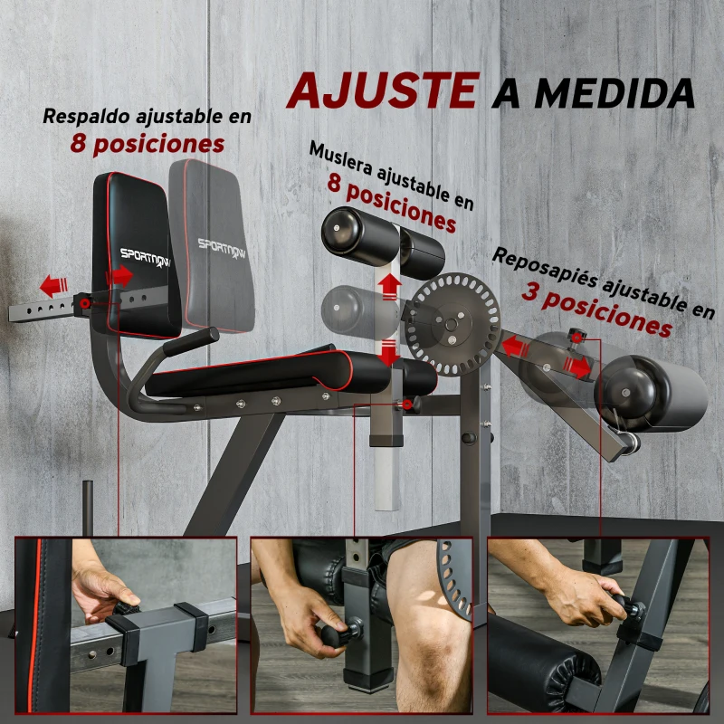 SPORTNOW Máquina de Extensión y Curl de Piernas Ajustable con Carga de Placas para Entrenamiento de Cadera Muslos en Gimnasio