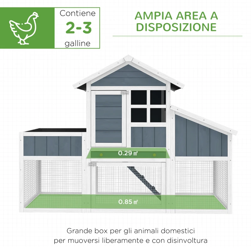 PawHut Pollaio Prefabbricato in Legno con Area Aperta, Casetta e Nido, 161.5x62.5x115cm, Grigio