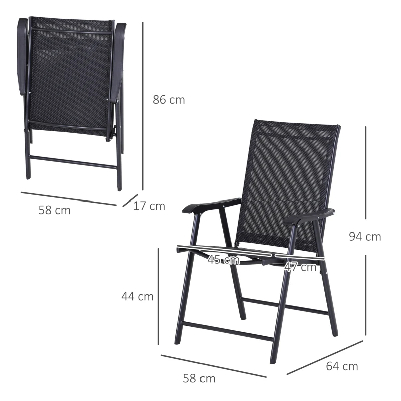 Outsunny Set 2 Sedie da Giardino Pieghevoli con Braccioli in Metallo e Texteline, 58x64x94cm, Nero