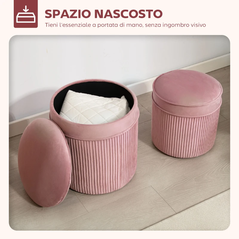 HOMCOM Set 2 Pouf Poggiapiedi Rotondi Impilabili e Imbottiti con Rivestimento in Velluto, Contenitore da 34.8L, Rosa
