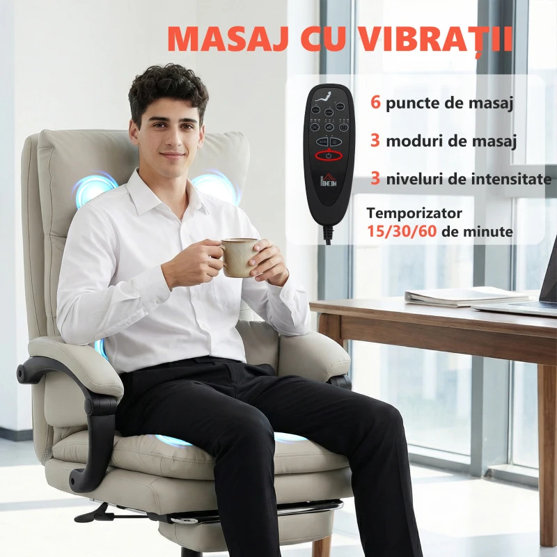 HOMCOM Scaun de Birou cu Masaj la 6 Puncte și Funcție de Încălzire, Reglabil 135° din Piele PU cu Suport pentru Picioare, Brațe Tapițate, Înălțime Reglabilă, Spătar Înalt, Gri Deschis