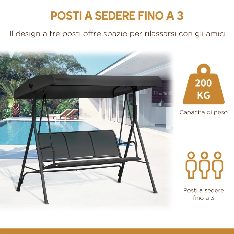 Outsunny Dondolo da Giardino a 3 Posti con Tettuccio, Seduta Traspirante e Telaio in Acciaio, Nero