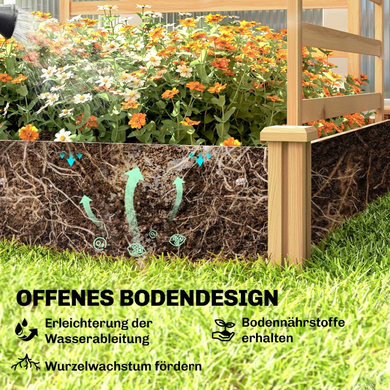 Outsunny Hoogbed met klimrek houten plantenbak met 3 klimrekken, scheidingswand en open bodem, 240 x 125 x 102 cm, naturel