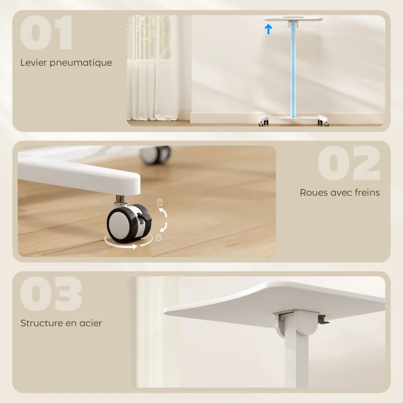 HOMCOM Bureau Debout Réglable en Hauteur, Plateau Inclinable, Roulettes et Cadre en Acier, 60,5 x 52 x 75-114 cm, Blanc